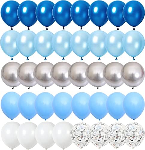 60 PC -uri Blue Blue Silver White Balloons, Pearl Royal Blue Blue Matte Matte Alb Cromul Silver Confetti Metalice Latex Baloane