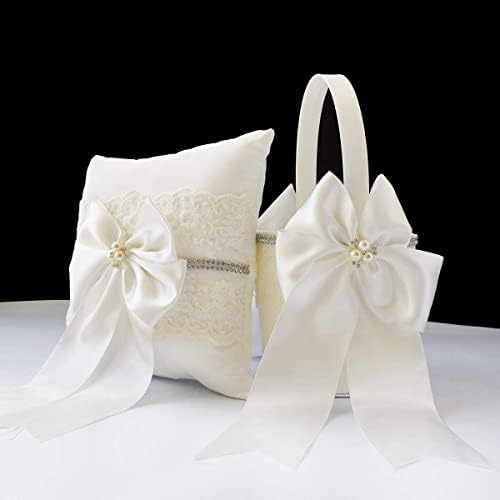 Atailove 2 buc nunta floare fata coș și inel pernă Set, Royal Premium seria floare coș Set-Ivory