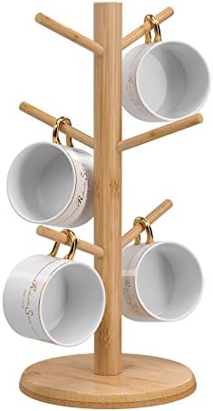 Suport pentru cana de cafea Wisuce, copac cu cană de bambus cu cană de cafea de bază mai groasă pentru blat, suport cu 3 cârlige