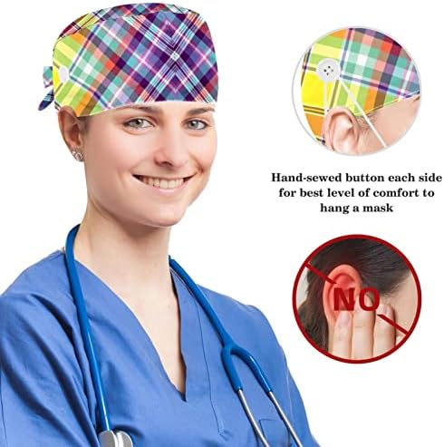 Nurse Scrub Caps păr lung, floarea-soarelui Vintage Reglabil capac de lucru cu butoane și arc scrunchie păr