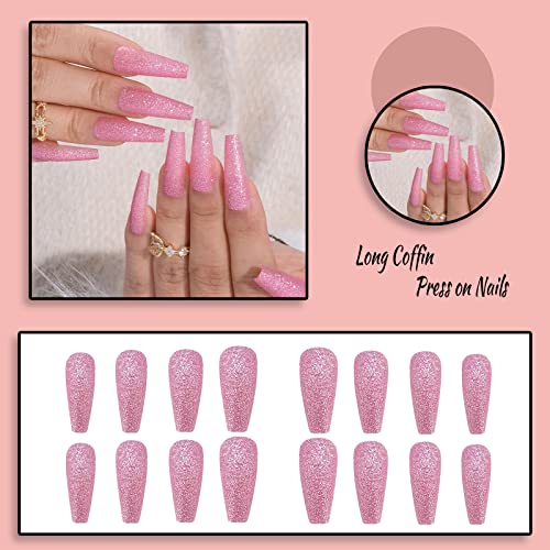 FOAMEE Pink Bling apăsați pe unghii lungi sicriu sclipici Unghii False cu modele adeziv acrilic pe unghii pentru femei