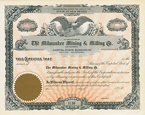 Milwaukee Mining and Milling Co. - Certificat De Stoc Neemis Din New Mexico