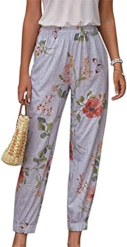 BEUU pentru femei casual plus dimensiune pantaloni cu imprimeu floral pantaloni cu talie elastică pantaloni conice pantaloni