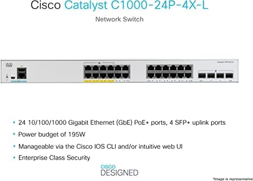 Nou comutator de rețea Cisco Catalyst 1000-24P-4X-L, 24 Gigabit Ethernet POE+ Porturi, buget POE 195W, 4 10G SFP+ Porturi Uplink,
