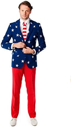 OppoSuits Men American Flag Suit-SUA Outfit pentru 4 iulie cu sacou roșu alb și albastru, pantaloni și cravată